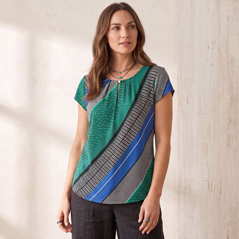 Liz Claiborne Geometric Top Green Blue Mod Keyhole Office Siren Abstract Retro L